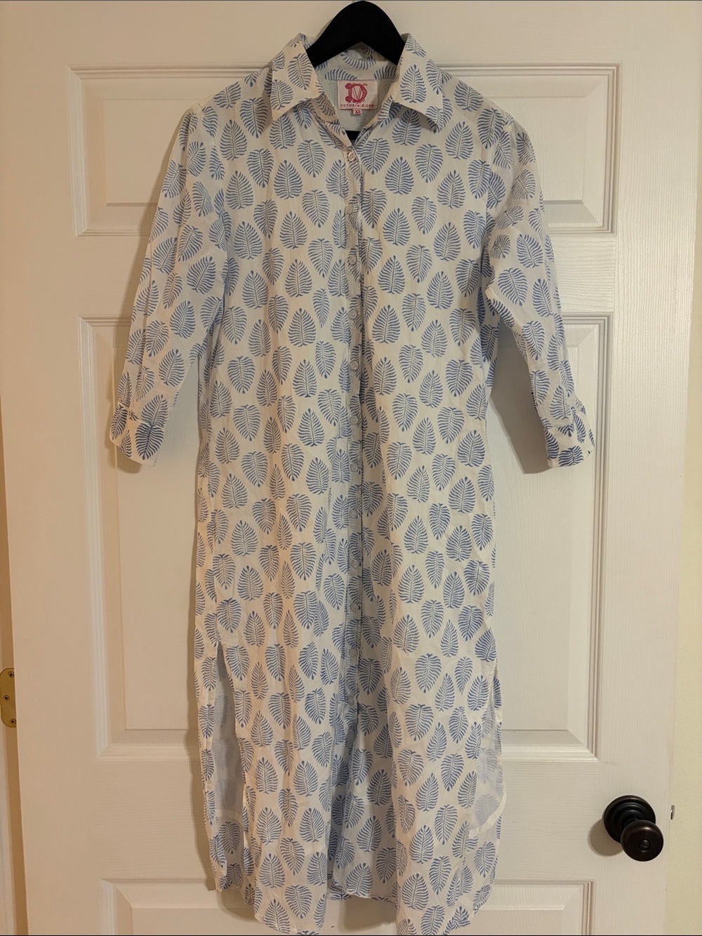 Victoria Dunn Block Print Leaf Cotton Shirt Dress Midi High Slit XS